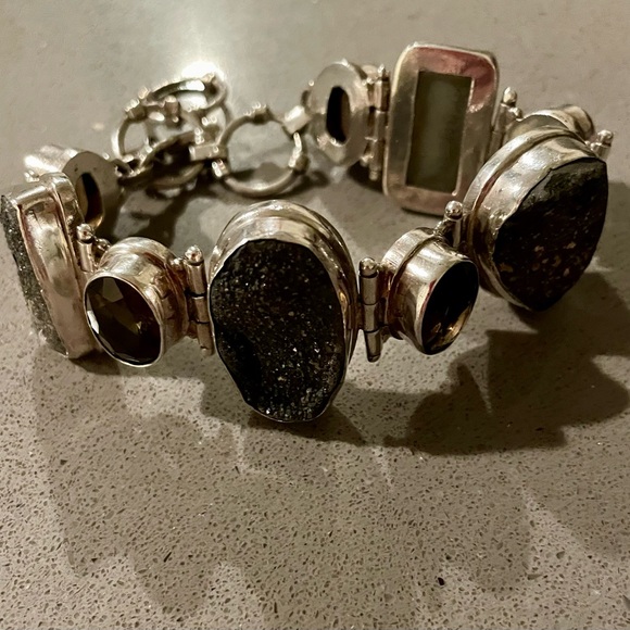Vintage Estate Sterling Silver Druzy Smoky Quartz Toggle 925 Bracelet - Picture 6 of 8